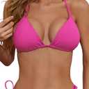 Women's Triangle Bikini Top Ribbed Push up Padded Halter String Bathing Suits Top (Large, Rose)
