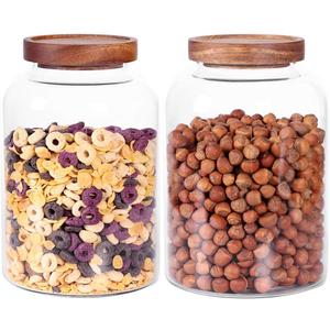 Thicken Glass Storage Jar, Food Storage Container/Canisters with Airtight Wooden Lid for Tea, Coffee, Honey, Cacao Powder,BPA Free Perfect as a Cereal Dispenser (7.6inch 2pcs)
