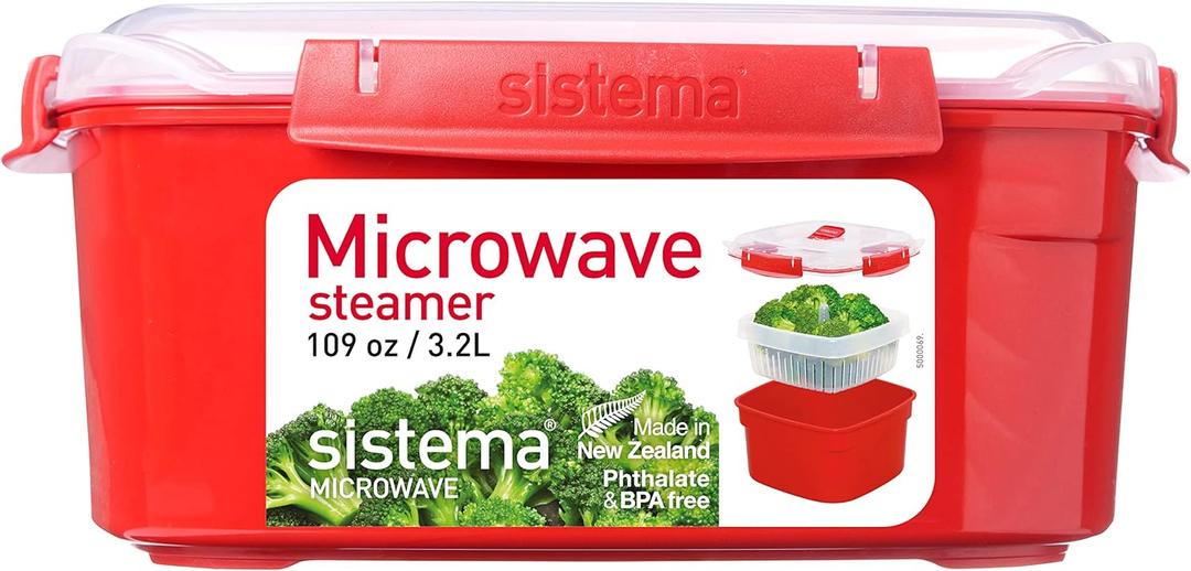 Sistema Microwave Food Steamer with Removable Steamer Basket | Large 3.2 L | Red/Clear