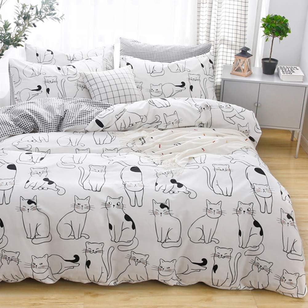 Cats Duvet Cover Set Twin, 100% Cotton Bedding, Various Cartoon Cats Pattern Printed on White Reversible Black Plaid, Cute Animal Comforter Cover for Kids Teens Boys Girls, No Comforter (Twin (68 in x 86 in))
