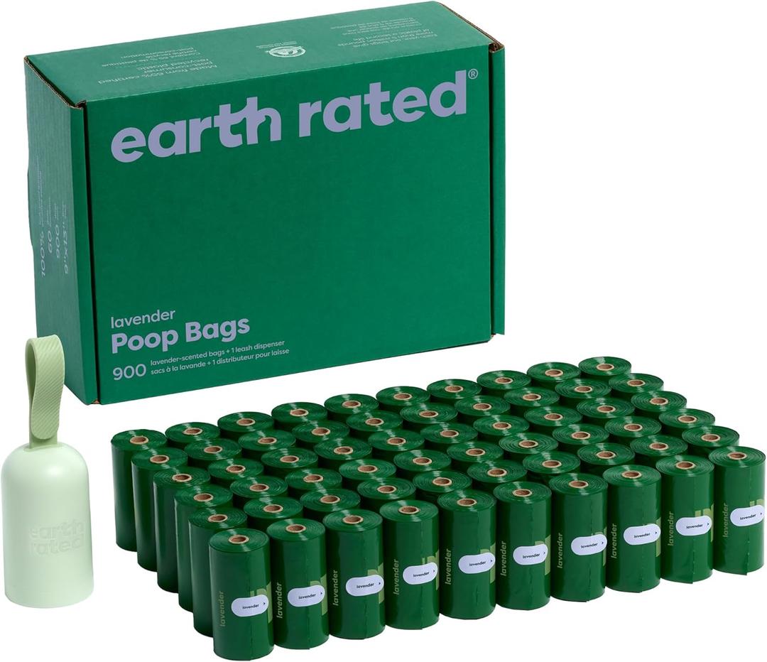 Earth Rated Dog Poop Bag Holder with Bags, Lavender Scented, 1 Dispenser and 900 Count (1 Dispenser, 900 Bags)