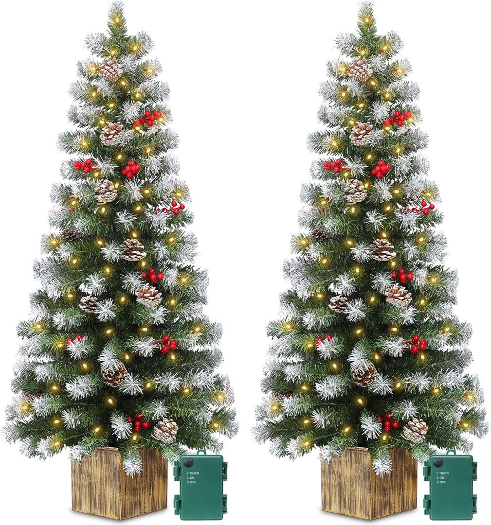 2 Pack 4 Ft Entrance Christmas Tree in Wood-Like Box Base, Artificial Potted Xmas Tree with 60 LEDs Warm White Light Timer Waterproof Battery Box 140 White Tipped Branches Pinecones Berries for Door