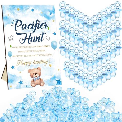 Thyle 51 Pcs Blue Bear Pacifier Hunt Baby Shower Games Include Neutral Bear Themed Hunt Sign and 50 Acrylic Pacifiers for Blue and Brown Baby Shower Game Decoration Gift Sets Gender Reveal Party Decor