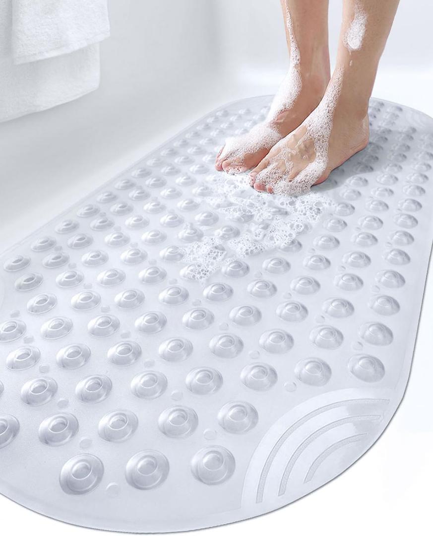 DEXI Bathtub Mat Non Slip 16x35, Shower Floor Mats for Bathroom Bath Tub, Washable Oval Bathmat with Suction Cups and Drain Holes, Clear