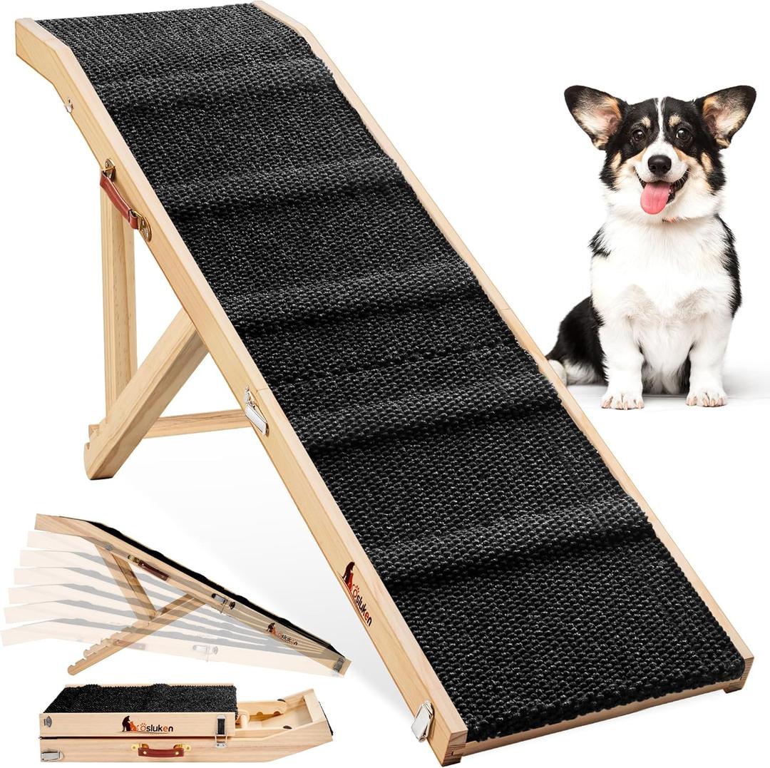Dog Ramp for Couch, 49" Long Foldable Pet Ramp for Small Large Dogs, Dog Ramps for Bed, High Traction with Platform 6 Adjustable Heights 18" to 21.5" Up to 220LBS, Black (49"X 17inch)