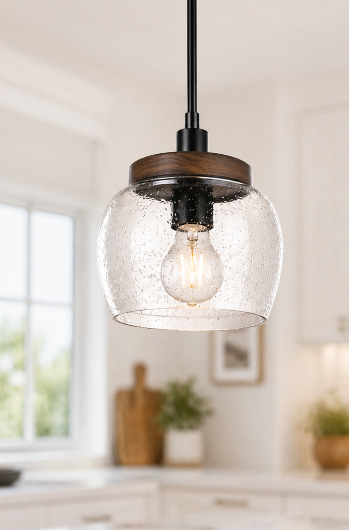 1 Light Hanging Kitchen Island Pendant Light 7.3" Clear Drum Seeded Glass Indoor Natural Wood Pendant Ceiling Light Fixtures,Black Brushed Bronze Finish Modern Farmhouse Dinning Over Sink