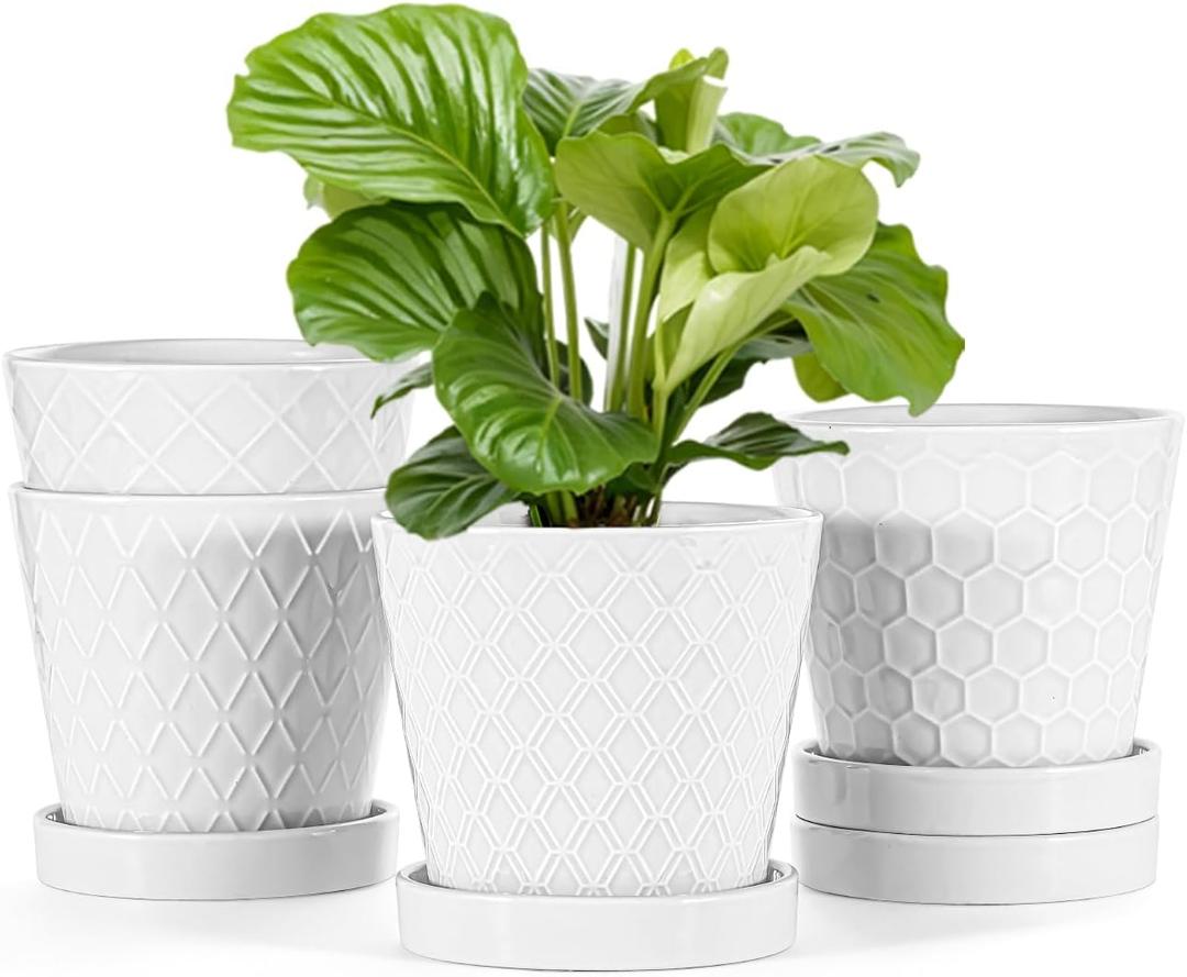 EFISPSS Flower Planter 5 inch Ceramic Plant Pots with Drainage Holes and Ceramic Tray - Gardening Home Desktop Office Windowsill Decoration Gift Set of 4 - Plants NOT Included (White)