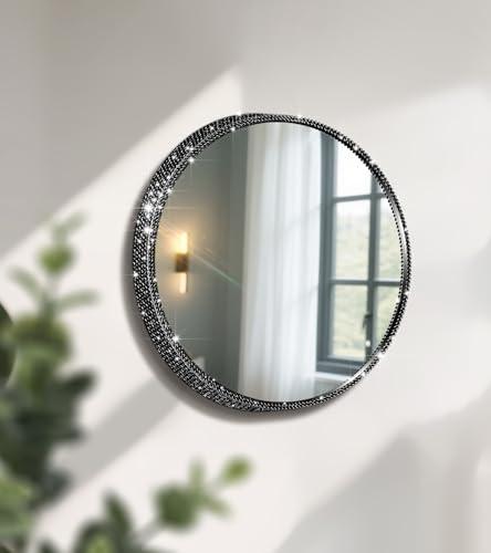 Mulixis Crystal Diamond Wall Mounted Mirror Black Makeup Mirror 12inch Round Bing Mirror for Bedroom Real Glass Mirror for Wall Decor