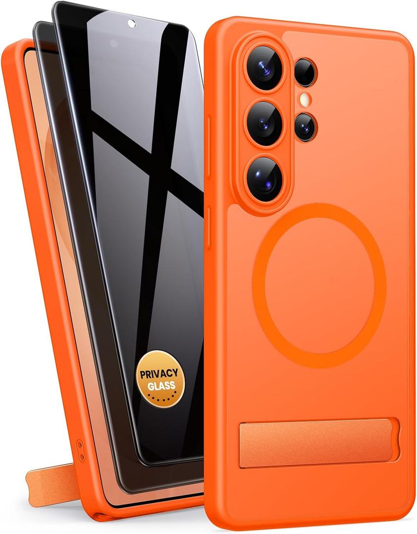 BXYJY for Samsung Galaxy S26 Ultra Magnetic Case with 2 Privacy Screen Protectors, Built-in Stand, Compatible with MagSafe, Full Lens Protection, Military Grade Thin Durable Case for S26Ultra, Orange