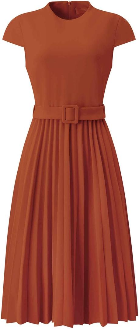 Hobemty Women's Pleated Dress Mock Neck Cap Sleeve Belted A-Line Dresses, XXL
