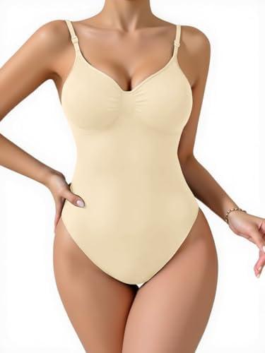 JEKAOYI Women's Shapewear Bodysuit, Mid Thigh Tummy Control Butt Lifter Shaper with Adjustable Straps, Khaki Thong, Small-Medium