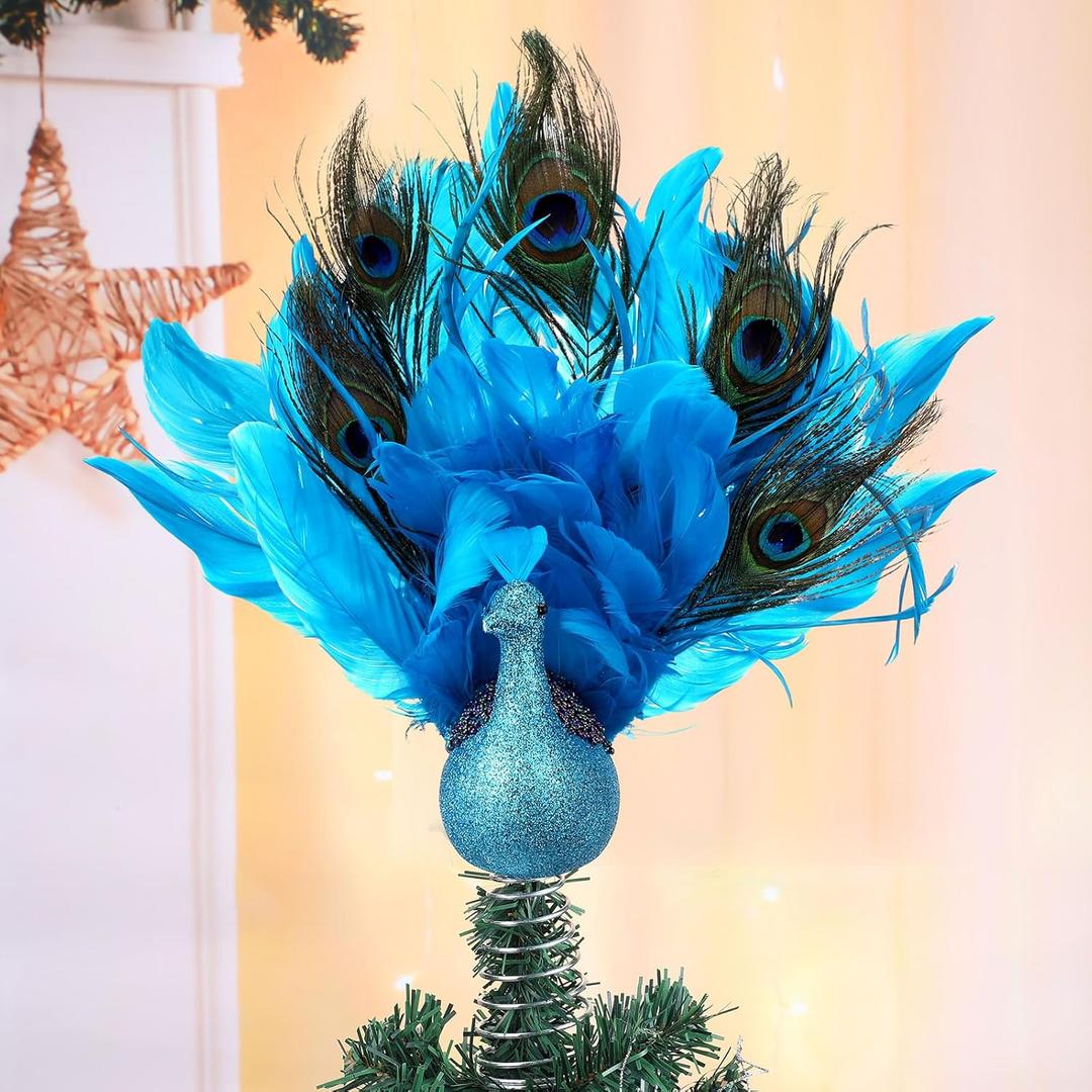 Retisee 15 Inch Christmas Peacock Tree Topper Peacock Christmas Ornaments Artificial Feather Glitter Blue Ornament for Xmas Tree Decor Indoor Outdoor Home