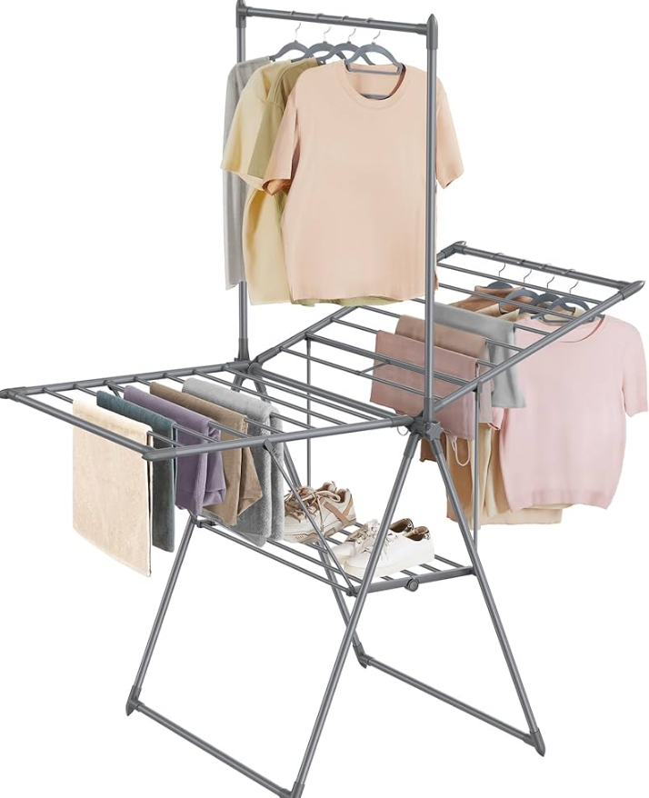 Clothes Drying Rack, Foldable 2-Level Laundry Drying Rack, Free-Standing Airer, 1 Additional Tall Hanging Bar, 2 Height-Adjustable Wings, 24 Drying Rails