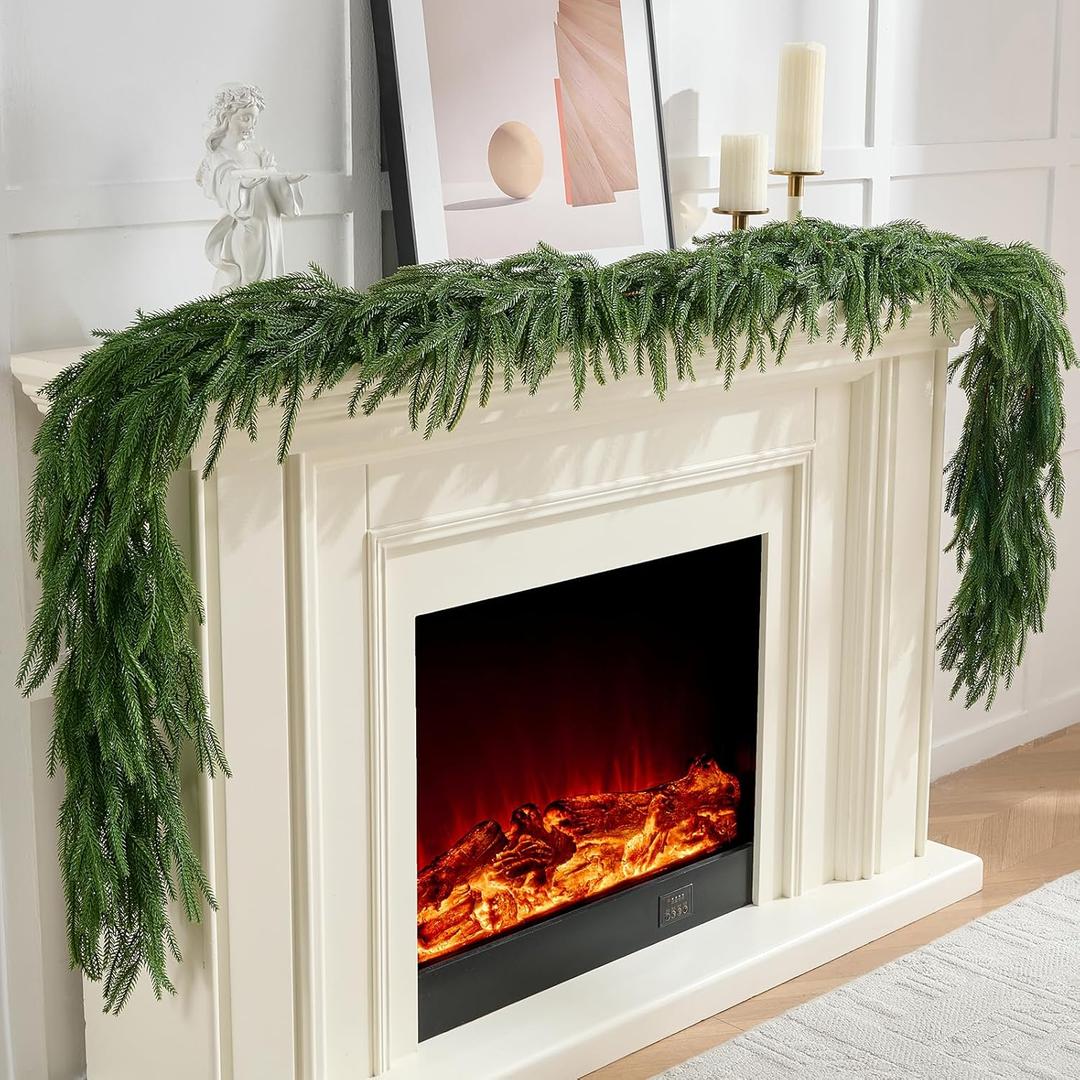 CLEANGOR 2Pcs 6FT Norfolk Pine Garlands Realistic, Real Touch Winter Xmas Garland, Christmas Decorations Indoor Outdoor, Artificial Holiday Decor Faux Greenery for Mantle, Fireplace, Table