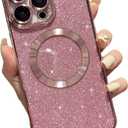 aowner Magnetic Case for iPhone 14 Pro Glitter Case, Luxury Plating Cute Bling with Camera Lens Protector, Compatible with MagSafe, Slim Thin for Women Girls Protective Clear Phone Case, Pink