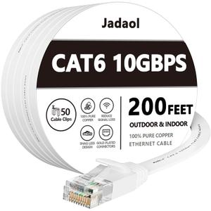 Jadaol Cat 6 Ethernet Cable 200 Ft (60.96M), 10Gbps Support Cat8 Cat7 Network, Flat RJ45 LAN Patch Cable, High-Speed Internet Cable for Router, Modem, Switch, Gaming Consoles, Streaming Devices, White