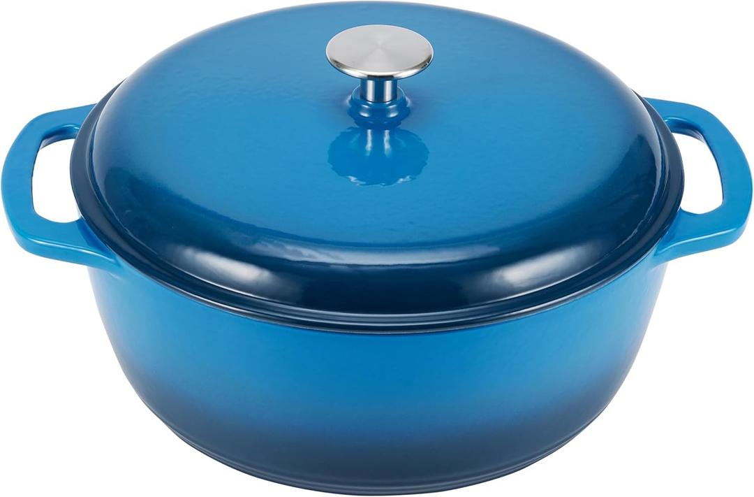 Amazon Basics Cast Iron Dutch Oven Pot with Lid, Enameled, Round, Dual Handles, Heavy-Duty, Medium, 6-Quart, Blue Amazon Basics Cast Iron Dutch Oven Pot with Lid, Enameled, Round, Dual Handles, Heavy-Duty, Medium, 6-Quart, Blue