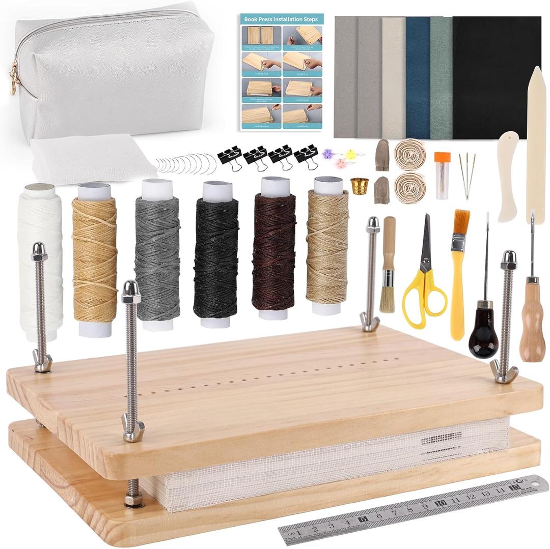 Meifuly Book Binding Kit for Beginners Complete 52 Pcs, 11.6 x 7.7 Inch BookPress with Premium Tools, Bone Folder, Cloth, Wax Thread & Storage Bag, Ideal for DIY Bookmaking & Book Repair