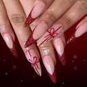 4 x 24 Pcs Christmas Press on Nails Long Stiletto Red French Tip with Glitter Design Almond Fake Nails Full Cover Glossy Red Bow Pattern False Nails Artificial Acrylic Stick on Nail for Women (Styl 37)