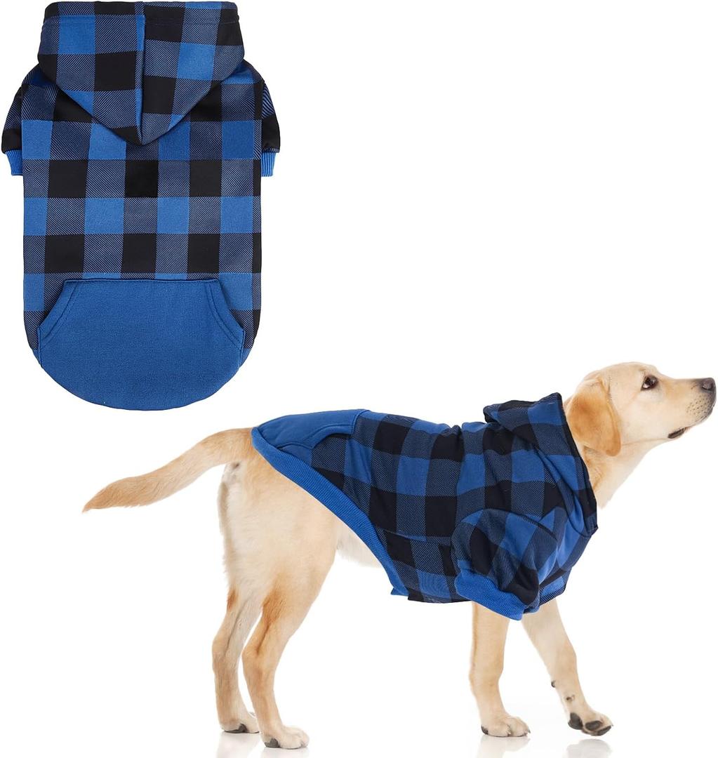 KOOLTAIL Plaid Dog Hoodie Pet Clothes Sweater with Hat and Pocket for Small Medium Large Size Dogs, Soft Winter Warm Dog Cold Weather Coat, Fleece Fall Dog Hooded Sweatshirt for Puppy Cats, Blue XXL