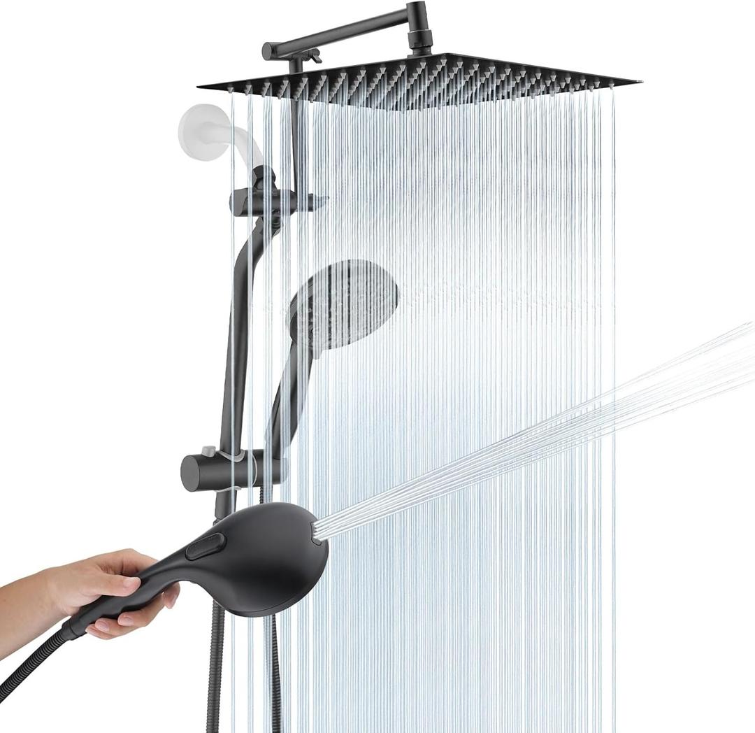 High Pressure 12 Inch Rainfall Shower Head with Handheld Combo, 16" Adjustable Extension Arm Build-in 3-way Diverter, Dual Shower Head Combo Set with Adjustable Height Slide Bar - Matte Black