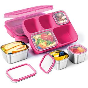 Freshmage Stainless Steel Snack Containers - 2 Pack, BPA-Free Lunch Bento Box with 5 Compartment, Reusable Food Storage Snackle Box for School, Work, and Travel, Dishwasher Safe (Pink)