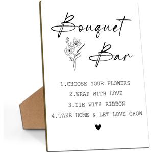 Flower Bouquet Bar Sign, Bridal Shower Sign 8 x 11, Flower Bar Wooden Sign with Stand, Wedding Welcome Sign, Elegant Minimalist Style Wedding Table Top Decor for Wedding Reception Bridal Shower -03