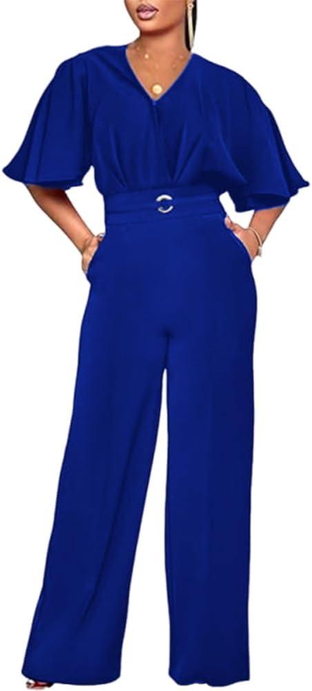 HWP Dressy Jumpsuits for Women Elegant One Piece Jumpsuits V-Neck Ruffle Short Sleeve Wide Leg Ladies Jumpsuit Rompers (L)