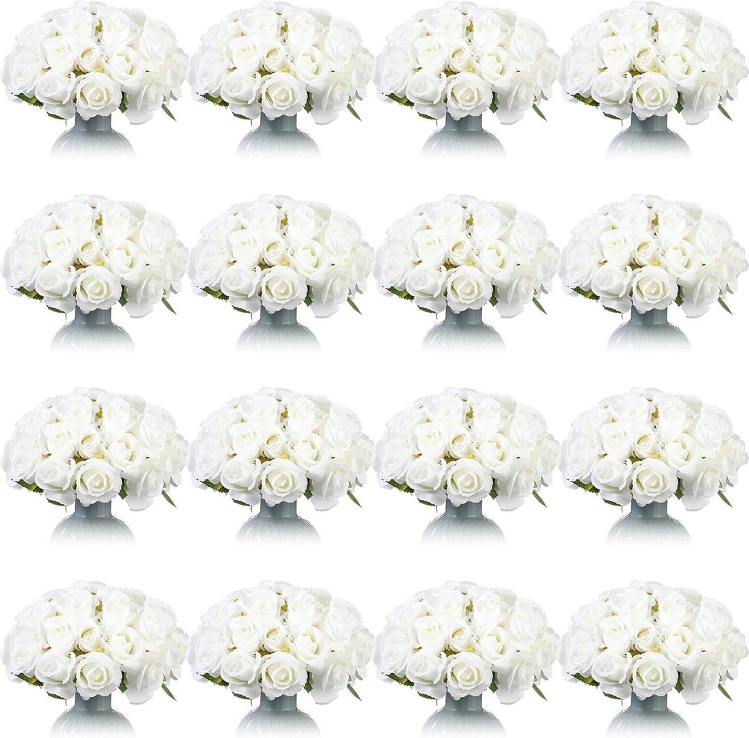 Jexine 240 Pcs Artificial Rose Flowers Bouquet Silk Realistic Flowers Bulk Centerpieces DIY Bride Fake Rose for Home Bridal Wedding Party Decorations(White)