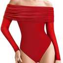 MANGOPOP Women's Off The Shoulder Long Sleeve Bodysuit Sexy Sheer Mesh Top Double Lined Body Suits Fall Outfit 2025 Red M