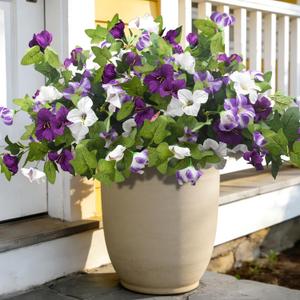 Grunyia Artificial Petunia Flowers - UV Resistant Realistic Faux Silk Petunias for Indoor Outdoor Garden Porch Balcony Yard Home Decor, Fade-Proof Fake Flower Arrangements (White+Purple)