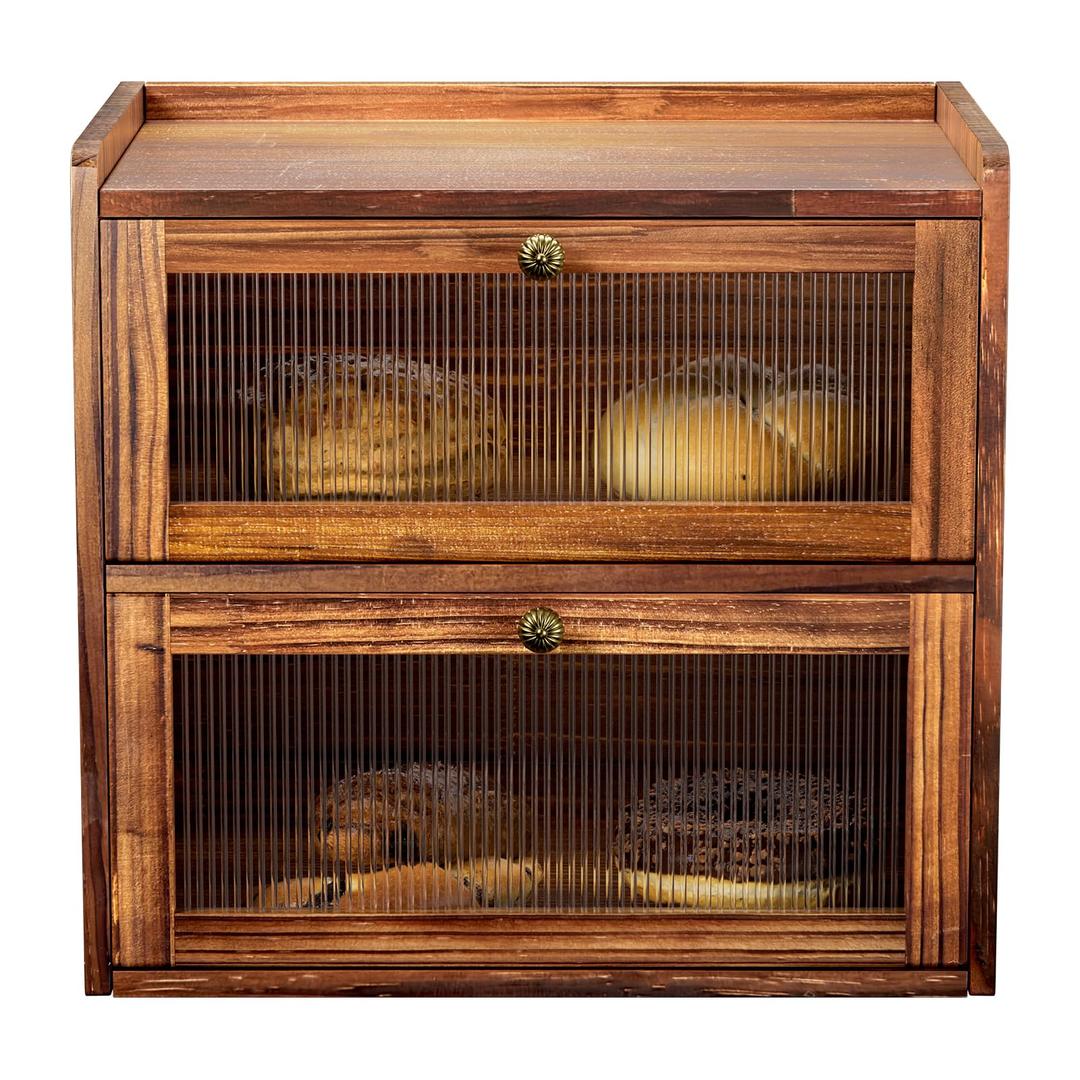 Bread Box for Kitchen Countertop Wooden Bread Storage Container Bin 2 Layer Corner Breadbox Large Capacity, Vintage Farmhouse Food Organizer Pantry Shelf with Window Brown Pine Wood