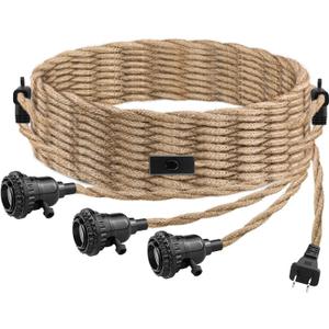 3 Light Plug in Pendant Light Cord, 25FT Hanging Lights with Plug in Cord, Hemp Rope Hanging Light Kit with 2 Way Switch, Farmhouse Pendant Light Kits DIY HangingLight