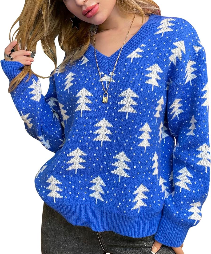 Ugly Christmas Sweater Soft Lightweight Warm Pullover Holiday Chunky Christmas Sweaters Tops Vintage Stylish (Small, 06-women-blue-tree)