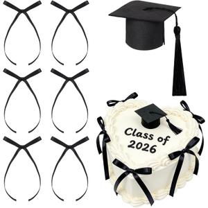 Graduation Cap & Black Bow Cake Topper Set - Pre-Assembled Mini Grad Cap & 6Pcs Black Ribbon Bows for 2026 Graduation Cake Decorations