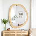 sawsile Rattan Mirror, 31.5x25.2 Irregular Boho Bathroom Rattan Farmhouse Wicker Asymmetrical Wood Wall Mirror for Nursery, Bathroom, Living Room, Washroom
