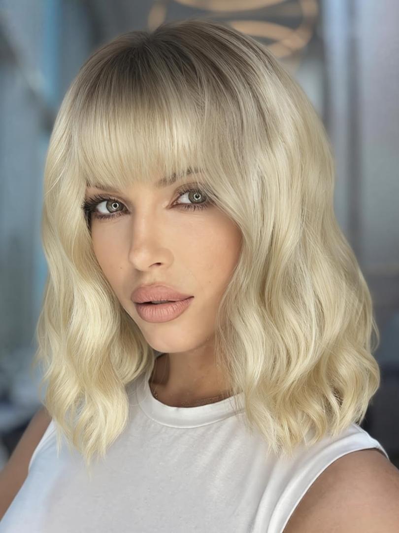 WIGER Short Ombre Ash Blonde Wave Hair with Bangs Synthetic Bob Curly Wigs Dirty Blonde Wavy Wig for White Women Daily or Cosplay Use Music Festival/Carnival/Valentine's Day Wig