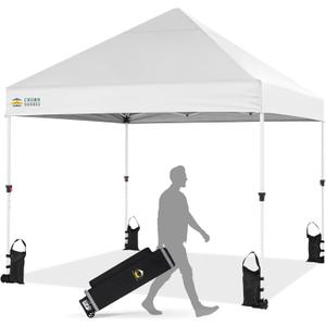 CROWN SHADES Pop Up Canopy Tent, 8x8 Commercial Canopy Tent with 4" Wheels, 4 Upgraded Weights, Patented Centerlock, 400D Strength Oxford Fabric, Sto'N Go Bag, White
