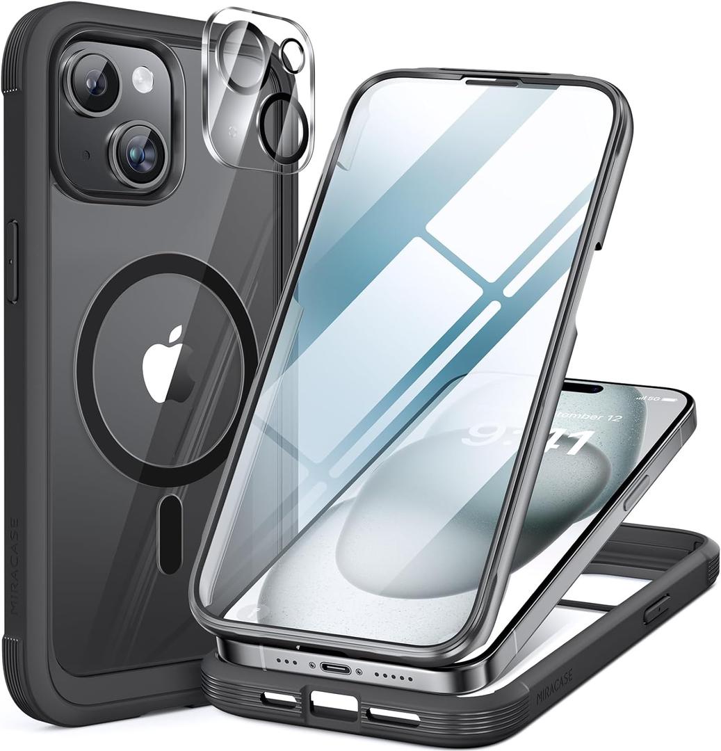 Miracase Magnetic for iPhone 15 Plus Case 6.7'' [Compatible with Magsafe] Full-Body Military Drop Proof 15 Plus Phone Case Cover with Built-in 9H Tempered Glass Screen Protector,Magnetic Black
