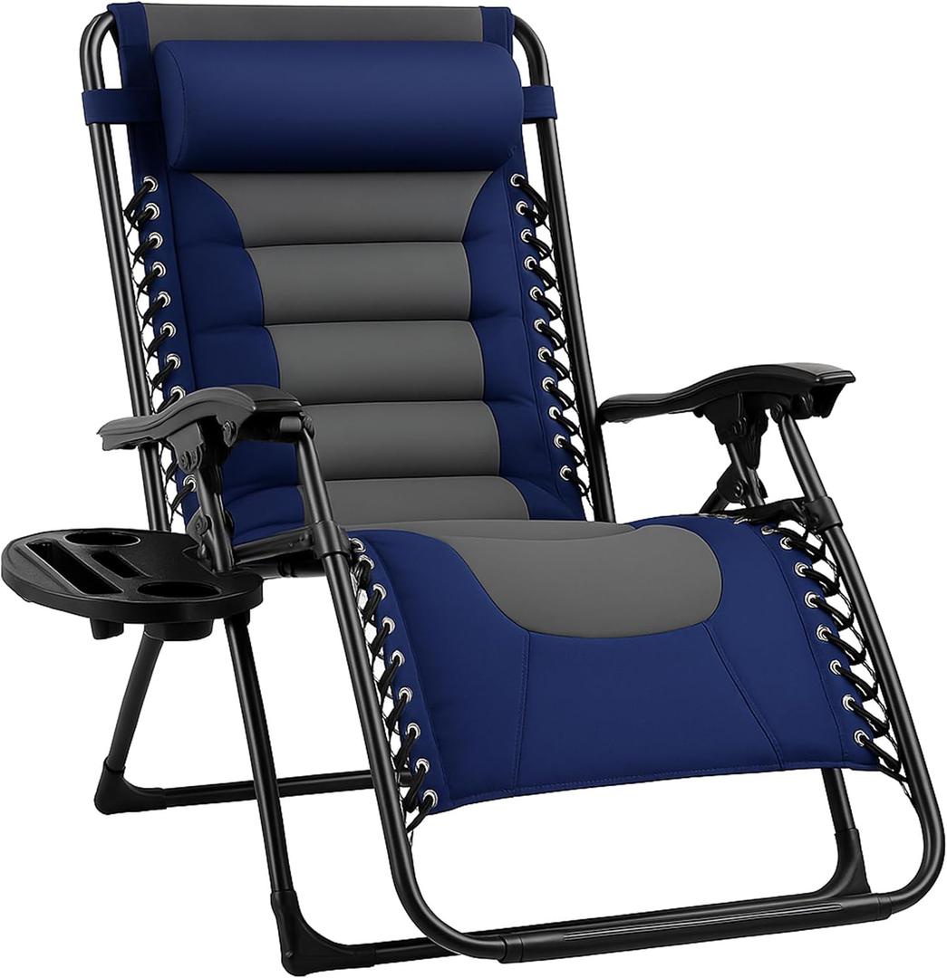 Backyard Expressions Deluxe XL Padded Recliner Zero Gravity Chair – Ergonomic Anti-Gravity Lounger with Folding Design, Side Tray, and Adjustable Headrest