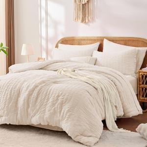 FUANNA Beige Queen Comforter Set 7 Pieces, Luxury Seersucker Bed in a Bag Queen Size for All Seasons, Soft Bedding Set with Comforter, Flat Sheet, Fitted Sheet, Pillowcases & Shams for Room Decor
