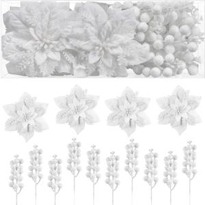 Alupssuc 24 Pieces Christmas Tree Decorations, 12 PCS White Poinsettia Flowers Artificial and 12 PCS Glitter Christmas Tree Picks for Christmas Decorations Party Wreath Fireplace Stairs, White