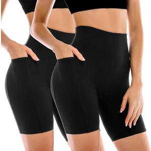 Leafigure 2 Pack Womens Biker Shorts with Pockets, High Waisted Tummy Control Yoga Shorts for Women Running Gym and Workout, Size L/XL