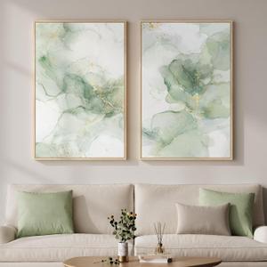 Framed Sage Green Abstract Wall Art Set of 2 for Living Room, Large Modern Neutral Gold White Canvas Print Artwork for Walls, Minimalist Nordic Rustic Farmhouse Wall Decor for Bedroom Office, 24x36 In