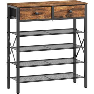 YATINEY 5 Tier Shoe Rack, Large Capacity Shoe Storage Organizer, Metal Shoe Shelf with Drawer and Wooden Top, for 20 Pairs of Shoes, for Entryway, Closet, Rustic Brown and Black SS25BRY1N1