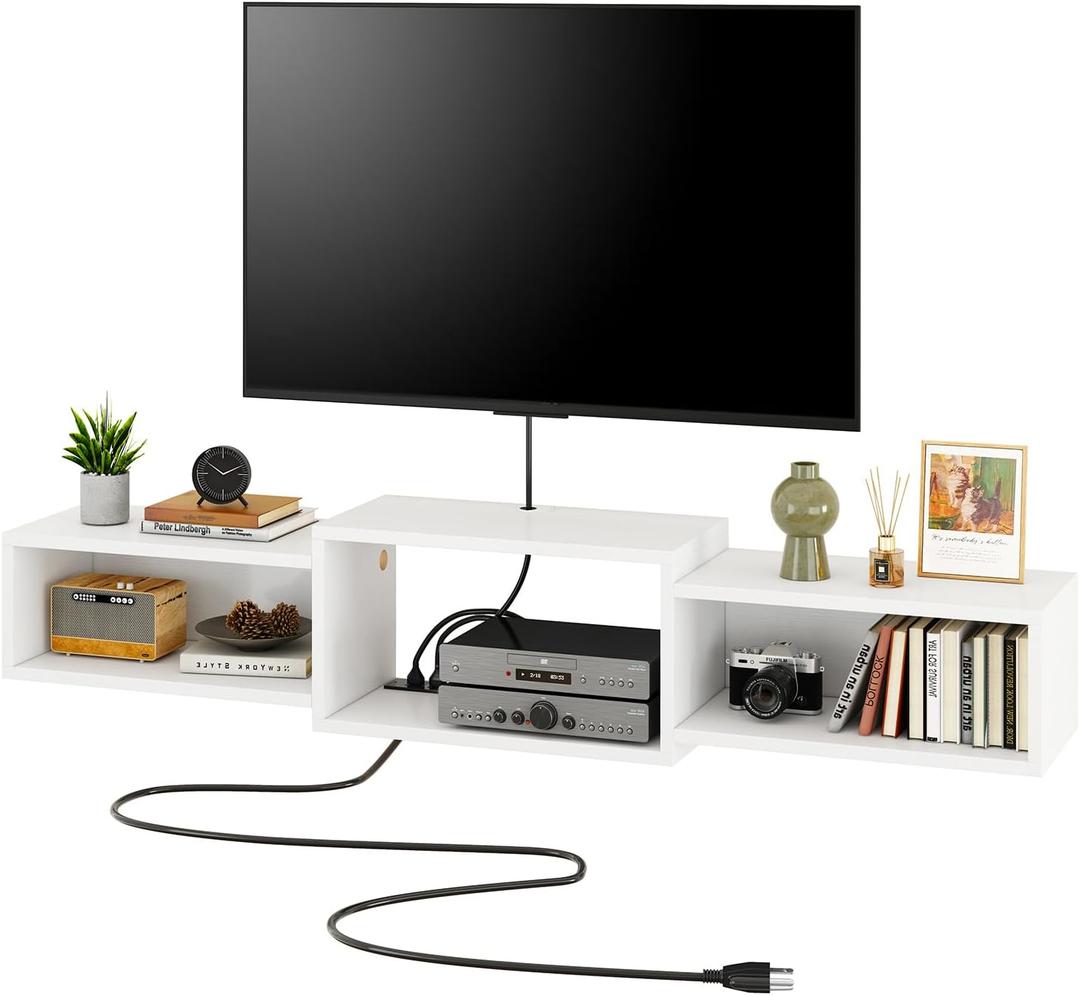 IBUYKE Floating TV Stand Wall Mounted with Power Outlet,Modern Wood Wall Mounted Media Console Shelf,Floating Entertainment Center for Under TV Storage for Living Room Bedroom Office,White WST001W