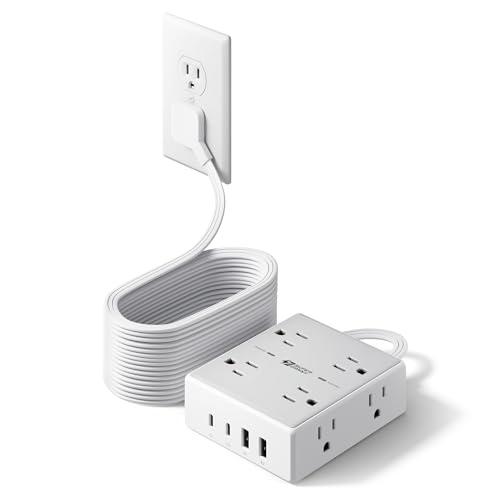 25Ft Long Extension Cord, Flat Plug Power Strip with 8 Outlets & 4 USB Ports (2 USB C), Wall Mountable Surge Protector, Desk Charging Station for Home Office, Dorm Room Essentials