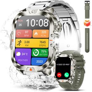 Smart Watch for Men Military Answer/Make Call 2.01 Display 170+ Sports Modes Fitness Smart Watch IP68 Waterproof 30 Days Standby Smartwatch for Android iOS Silver (2 Straps)