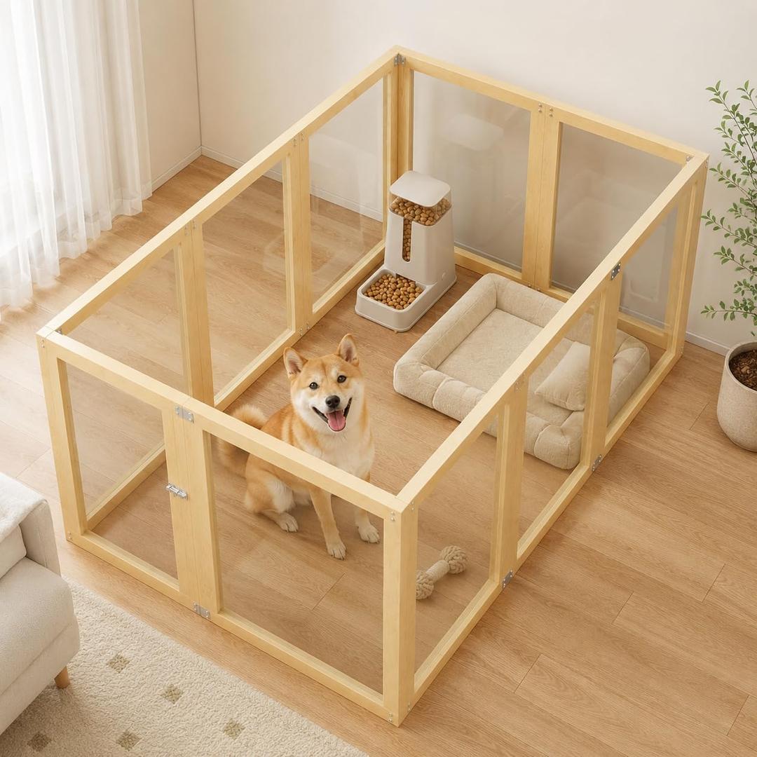 10 Panel Clear Acrylic Pet Playpen Indoor Wooden Puppy Fence