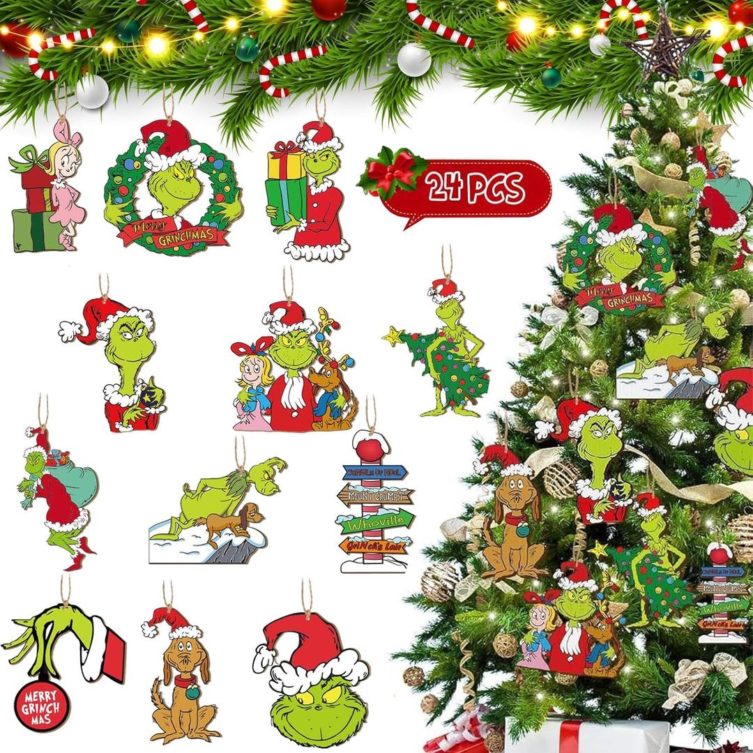 Christmas Tree Decorations Grinchs for Kids Gift - 24 Sets Christmas Wooden Hanging Ornaments with Bells & Bows for Indoor Home Party Decor